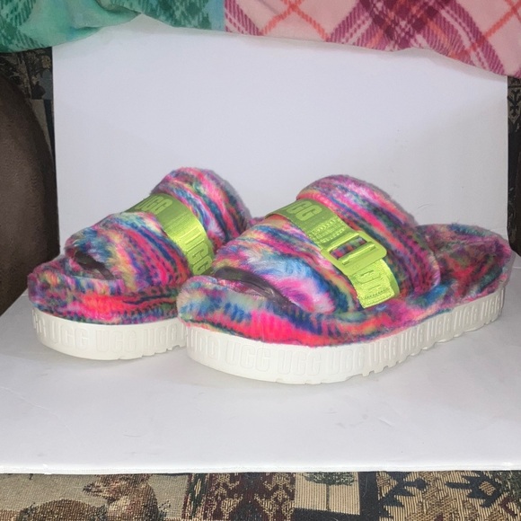 UGG Shoes - UGG Colorful Fluffy Slides with Neon Green